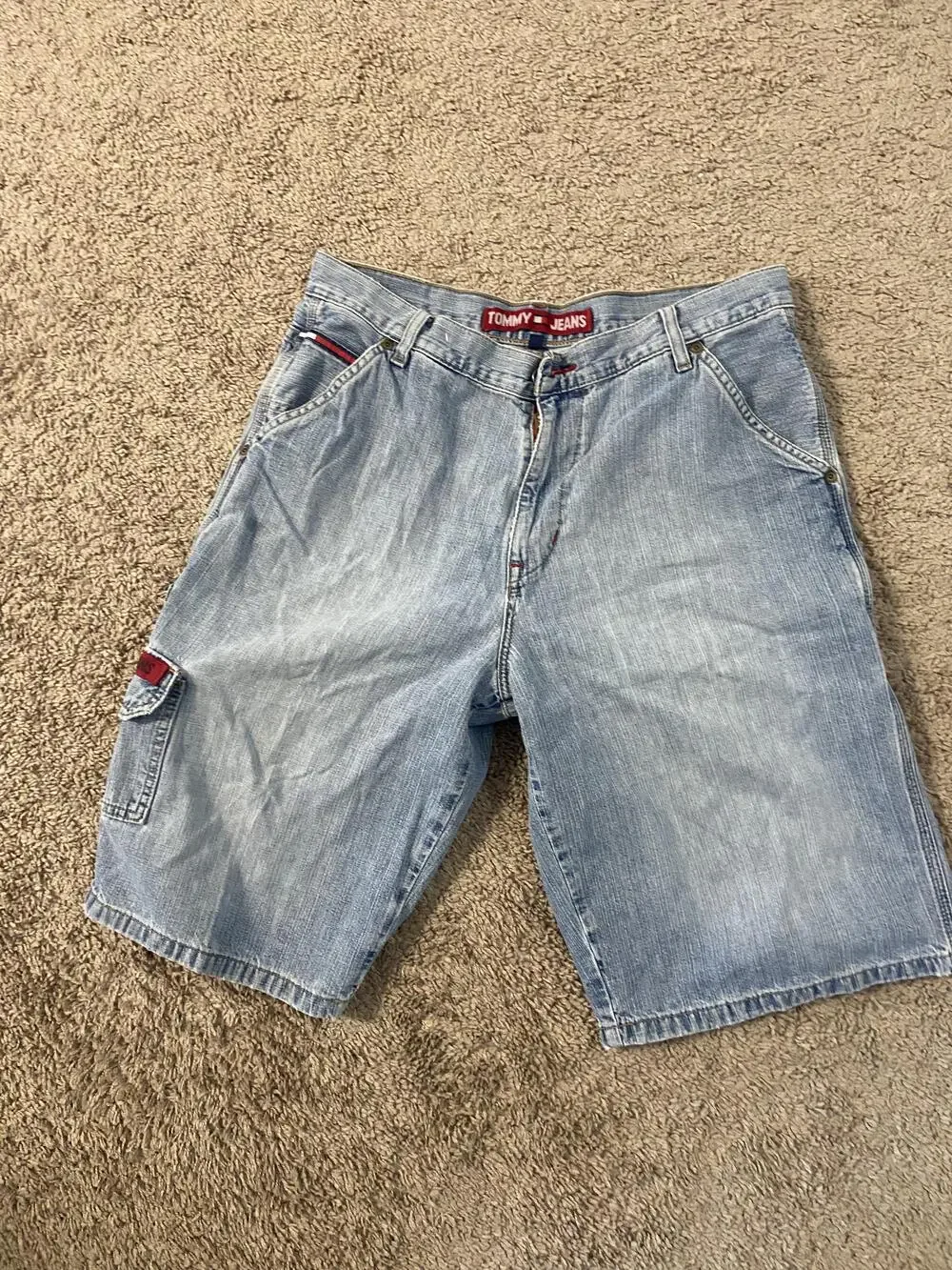 Tommy Jeans Shorts Mens 34 Denim Carpenter Relaxed Fit Vintage Casual Flag Patch